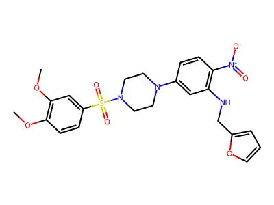 5-[4-(3,4-dimethoxyphenyl)sulfonylpiperazin-1-yl]-N-(furan-2-ylmethyl)-2-nitroaniline structure