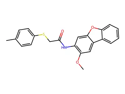N-(2-methoxydibenzofuran-3-yl)-2-(4-methylphenyl)sulfanylacetamide structure