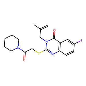 6-iodo-3-(2-methylprop-2-enyl)-2-(2-oxo-2-piperidin-1-ylethyl)sulfanylquinazolin-4-one structure