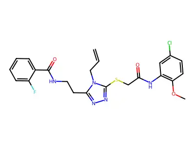 N-[2-[5-[2-(5-chloro-2-methoxyanilino)-2-oxoethyl]sulfanyl-4-prop-2-enyl-1,2,4-triazol-3-yl]ethyl]-2-fluorobenzamide structure