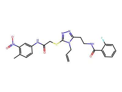 2-fluoro-N-[2-[5-[2-(4-methyl-3-nitroanilino)-2-oxoethyl]sulfanyl-4-prop-2-enyl-1,2,4-triazol-3-yl]ethyl]benzamide structure