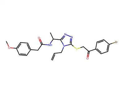 N-[1-[5-[2-(4-bromophenyl)-2-oxoethyl]sulfanyl-4-prop-2-enyl-1,2,4-triazol-3-yl]ethyl]-2-(4-methoxyphenyl)acetamide structure