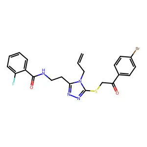N-[2-[5-[2-(4-bromophenyl)-2-oxoethyl]sulfanyl-4-prop-2-enyl-1,2,4-triazol-3-yl]ethyl]-2-fluorobenzamide structure