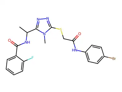 N-{1-[5-({2-[(4-bromophenyl)amino]-2-oxoethyl}sulfanyl)-4-methyl-4H-1,2,4-triazol-3-yl]ethyl}-2-fluorobenzamide structure