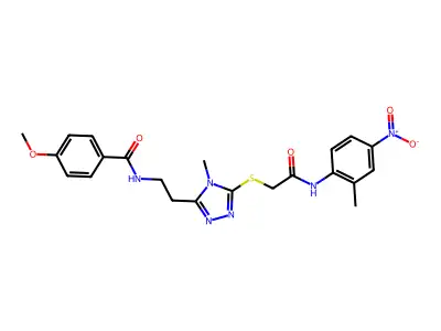4-methoxy-N-[2-[4-methyl-5-[2-(2-methyl-4-nitroanilino)-2-oxoethyl]sulfanyl-1,2,4-triazol-3-yl]ethyl]benzamide structure