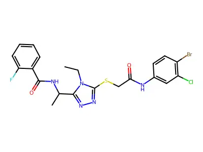 N-[1-[5-[2-(4-bromo-3-chloroanilino)-2-oxoethyl]sulfanyl-4-ethyl-1,2,4-triazol-3-yl]ethyl]-2-fluorobenzamide structure