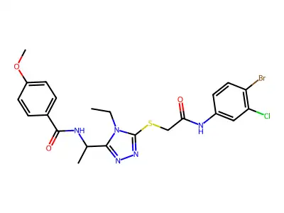N-[1-[5-[2-(4-bromo-3-chloroanilino)-2-oxoethyl]sulfanyl-4-ethyl-1,2,4-triazol-3-yl]ethyl]-4-methoxybenzamide structure