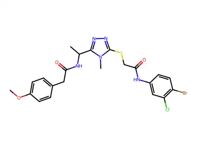N-[1-[5-[2-(4-bromo-3-chloroanilino)-2-oxoethyl]sulfanyl-4-methyl-1,2,4-triazol-3-yl]ethyl]-2-(4-methoxyphenyl)acetamide structure