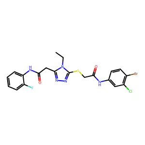 2-[5-({2-[(4-bromo-3-chlorophenyl)amino]-2-oxoethyl}sulfanyl)-4-ethyl-4H-1,2,4-triazol-3-yl]-N-(2-fluorophenyl)acetamide structure