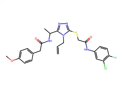 N-{1-[5-({2-[(3-chloro-4-fluorophenyl)amino]-2-oxoethyl}sulfanyl)-4-(prop-2-en-1-yl)-4H-1,2,4-triazol-3-yl]ethyl}-2-(4-methoxyphenyl)acetamide structure