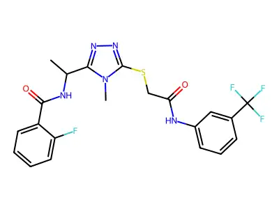 2-fluoro-N-(1-{4-methyl-5-[(2-oxo-2-{[3-(trifluoromethyl)phenyl]amino}ethyl)sulfanyl]-4H-1,2,4-triazol-3-yl}ethyl)benzamide structure