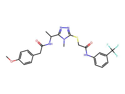 2-(4-methoxyphenyl)-N-(1-{4-methyl-5-[(2-oxo-2-{[3-(trifluoromethyl)phenyl]amino}ethyl)sulfanyl]-4H-1,2,4-triazol-3-yl}ethyl)acetamide structure