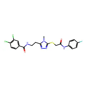 3,4-dichloro-N-[2-[5-[2-(4-fluoroanilino)-2-oxoethyl]sulfanyl-4-methyl-1,2,4-triazol-3-yl]ethyl]benzamide structure