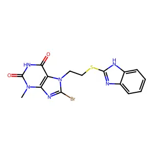 7-(2-((1H-benzo[d]imidazol-2-yl)thio)ethyl)-8-bromo-3-methyl-1H-purine-2,6(3H,7H)-dione structure
