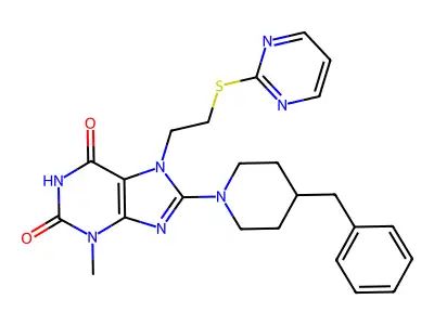 8-(4-benzylpiperidin-1-yl)-3-methyl-7-(2-(pyrimidin-2-ylthio)ethyl)-1H-purine-2,6(3H,7H)-dione structure