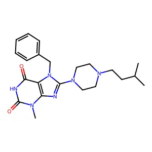 7-Benzyl-3-methyl-8-[4-(3-methylbutyl)piperazin-1-yl]purine-2,6-dione structure