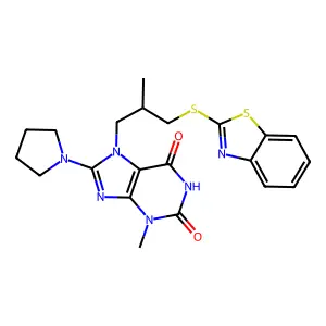 7-[3-(1,3-benzothiazol-2-ylsulfanyl)-2-methylpropyl]-3-methyl-8-pyrrolidin-1-ylpurine-2,6-dione structure