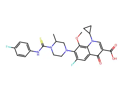 1-cyclopropyl-6-fluoro-7-[4-[(4-fluorophenyl)carbamothioyl]-3-methylpiperazin-1-yl]-8-methoxy-4-oxoquinoline-3-carboxylic acid structure