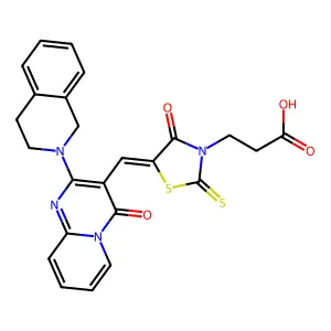 3-[(5Z)-5-{[2-(3,4-dihydroisoquinolin-2(1H)-yl)-4-oxo-4H-pyrido[1,2-a]pyrimidin-3-yl]methylidene}-4-oxo-2-thioxo-1,3-thiazolidin-3-yl]propanoic acid structure