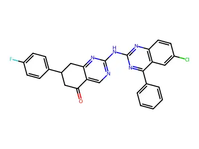 2-[(6-chloro-4-phenylquinazolin-2-yl)amino]-7-(4-fluorophenyl)-7,8-dihydroquinazolin-5(6H)-one structure