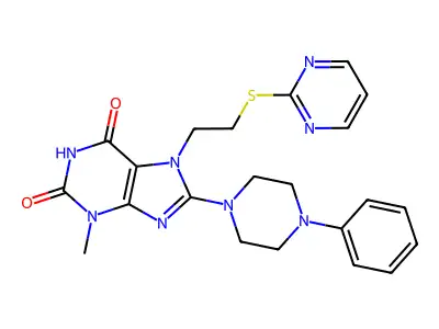 3-methyl-8-(4-phenylpiperazin-1-yl)-7-(2-(pyrimidin-2-ylthio)ethyl)-1H-purine-2,6(3H,7H)-dione structure