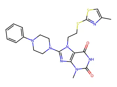 3-methyl-7-[2-[(4-methyl-1,3-thiazol-2-yl)sulfanyl]ethyl]-8-(4-phenylpiperazin-1-yl)purine-2,6-dione structure