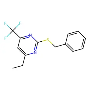 Pyrimidine, 4-ethyl-2-((phenylmethyl)thio)-6-(trifluoromethyl)- structure