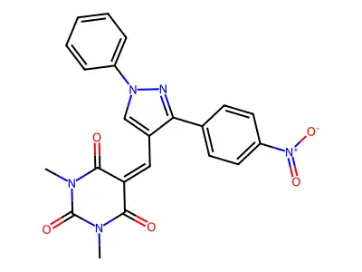 1,3-dimethyl-5-[[3-(4-nitrophenyl)-1-phenyl-pyrazol-4-yl]methylidene]-1,3-diazinane-2,4,6-trione structure