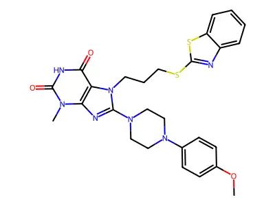 7-[3-(1,3-benzothiazol-2-ylsulfanyl)propyl]-8-[4-(4-methoxyphenyl)piperazin-1-yl]-3-methyl-2,3,6,7-tetrahydro-1H-purine-2,6-dione structure