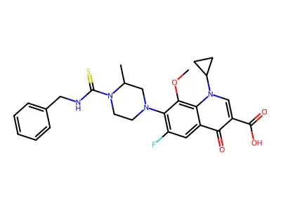 7-[4-(benzylcarbamothioyl)-3-methylpiperazin-1-yl]-1-cyclopropyl-6-fluoro-8-methoxy-4-oxoquinoline-3-carboxylic acid structure