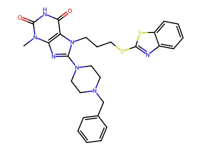 7-(3-(benzo[d]thiazol-2-ylthio)propyl)-8-(4-benzylpiperazin-1-yl)-3-methyl-1H-purine-2,6(3H,7H)-dione structure