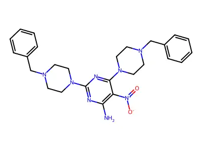 2,6-Bis(4-benzylpiperazin-1-yl)-5-nitropyrimidin-4-amine structure