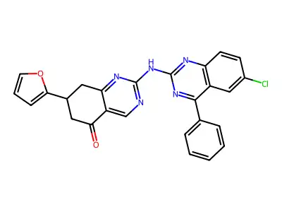 2-[(6-chloro-4-phenylquinazolin-2-yl)amino]-7-(2-furyl)-7,8-dihydroquinazolin-5(6H)-one structure