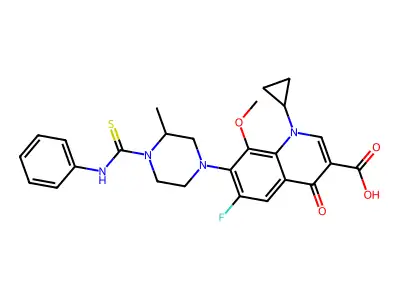 1-cyclopropyl-6-fluoro-8-methoxy-7-[3-methyl-4-(phenylcarbamothioyl)piperazin-1-yl]-4-oxoquinoline-3-carboxylic acid structure