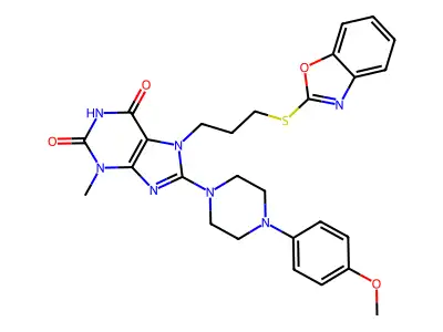 7-(3-(benzo[d]oxazol-2-ylthio)propyl)-8-(4-(4-methoxyphenyl)piperazin-1-yl)-3-methyl-1H-purine-2,6(3H,7H)-dione structure