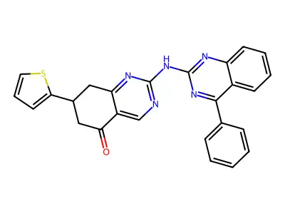 2-[(4-phenylquinazolin-2-yl)amino]-7-(thiophen-2-yl)-7,8-dihydroquinazolin-5(6H)-one structure