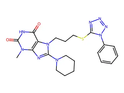3-methyl-7-(3-((1-phenyl-1H-tetrazol-5-yl)thio)propyl)-8-(piperidin-1-yl)-1H-purine-2,6(3H,7H)-dione structure