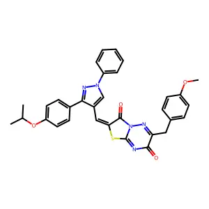 (2Z)-6-(4-methoxybenzyl)-2-({1-phenyl-3-[4-(propan-2-yloxy)phenyl]-1H-pyrazol-4-yl}methylidene)-7H-[1,3]thiazolo[3,2-b][1,2,4]triazine-3,7(2H)-dione structure