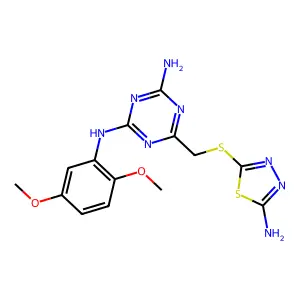 6-{[(5-amino-1,3,4-thiadiazol-2-yl)sulfanyl]methyl}-N-(2,5-dimethoxyphenyl)-1,3,5-triazine-2,4-diamine structure