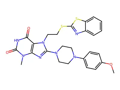 7-(2-(benzo[d]thiazol-2-ylthio)ethyl)-8-(4-(4-methoxyphenyl)piperazin-1-yl)-3-methyl-1H-purine-2,6(3H,7H)-dione structure
