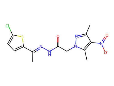 N-[(E)-1-(5-chlorothiophen-2-yl)ethylideneamino]-2-(3,5-dimethyl-4-nitropyrazol-1-yl)acetamide structure