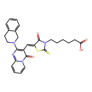 6-[(5Z)-5-{[2-(3,4-dihydroisoquinolin-2(1H)-yl)-4-oxo-4H-pyrido[1,2-a]pyrimidin-3-yl]methylidene}-4-oxo-2-thioxo-1,3-thiazolidin-3-yl]hexanoic acid structure