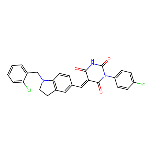 (5E)-1-(4-chlorophenyl)-5-[[1-[(2-chlorophenyl)methyl]-2,3-dihydroindol-5-yl]methylidene]-1,3-diazinane-2,4,6-trione structure