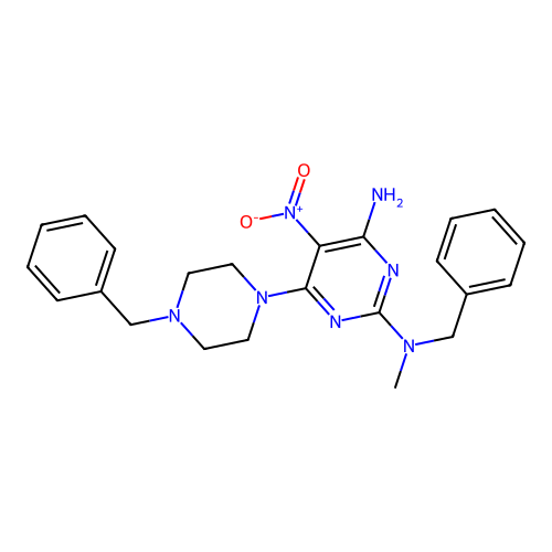 N~2~-benzyl-6-(4-benzylpiperazin-1-yl)-N~2~-methyl-5-nitropyrimidine-2,4-diamine structure