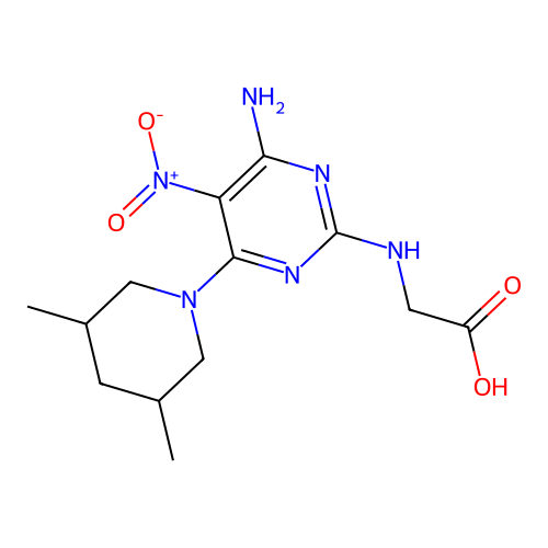 N-[4-amino-6-(3,5-dimethylpiperidin-1-yl)-5-nitropyrimidin-2-yl]glycine structure