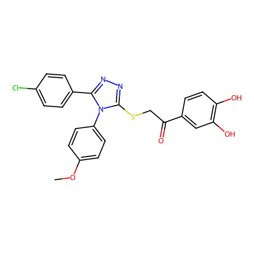 1-(3,4-dihydroxyphenyl)-2-[5-(4-chlorophenyl)-4-(4-methoxyphenyl)(1,2,4-triazo l-3-ylthio)]ethan-1-one structure