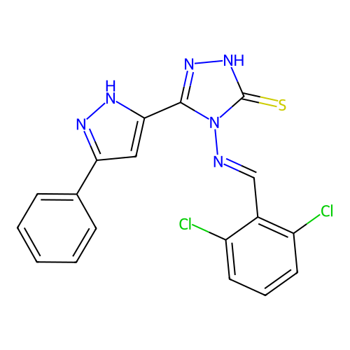 4-[(2,6-dichlorobenzylidene)amino]-3-(3-phenyl-1H-pyrazol-5-yl)-1H-1,2,4-triazole-5-thione structure