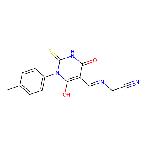 2-[[1-(4-methylphenyl)-4,6-dioxo-2-sulfanylidene-1,3-diazinan-5-ylidene]methylamino]acetonitrile structure