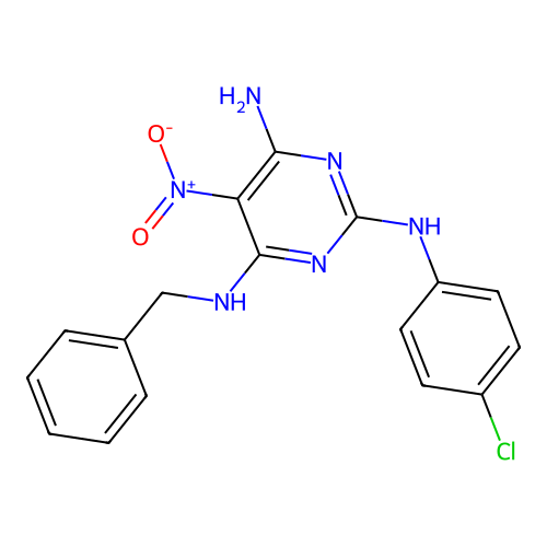 {6-Amino-2-[(4-chlorophenyl)amino]-5-nitropyrimidin-4-yl}benzylamine structure