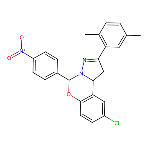 9-(2,5-dimethylphenyl)-2-chloro-6-(4-nitrophenyl)-6H,10aH-benzo[e]2-pyrazolino [1,5-c]1,3-oxazine structure